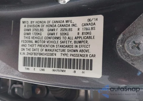 2014 Honda Civic Ex из США, поврежденный, VIN 2HGFB2F84EH533874